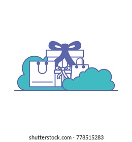 gifts and shopping bags with clouds around in blue and purple color sections silhouette