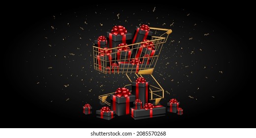 Gifts in shopping cart on black background. Black Friday. Stoke vector illustration.