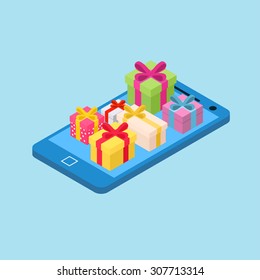 Gifts from smart phone.Gifts for smart phone, 3D isometric illustration