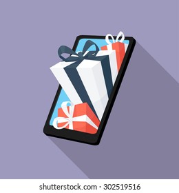  Gifts from smartphone flat icon. Modern flat icons with long shadow effect in stylish colors. Icons for Web and Mobile Application. EPS 10.