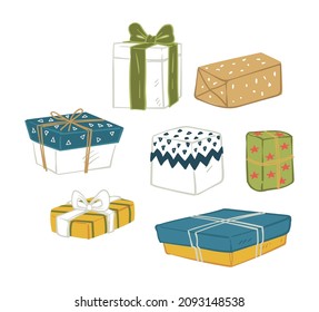 Gifts for special occasions, isolated boxes with abstract and geometric wrapping paper with ribbon bows. Presents for birthday or new year, Christmas or anniversary. Vector in flat style illustration