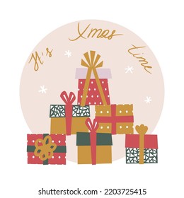 Gifts stacked in a Christmas tree. Vector illustration with text It's Christmas time. Card