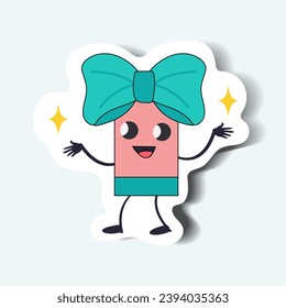 Gifts of sticker set in cartoon design. Image can add smiles and warmth this Christmas season with a vibrant sticker, starring a lovable gift character in colorful sticker style. Vector illustration.