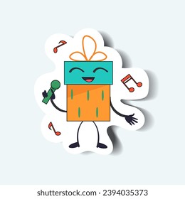 Gifts of sticker set in cartoon design. A funny New Year's gift character sings holiday songs - the main plot of this illustration. Vector illustration.