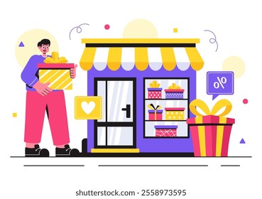 Gifts Store Vector Illustration featuring Wrapped Gift Boxes with Ribbons and Confetti, Perfect for Surprising Your Friends in a Flat Style Background