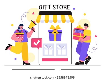 Gifts Store Vector Illustration featuring Wrapped Gift Boxes with Ribbons and Confetti, Perfect for Surprising Your Friends in a Flat Style Background