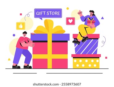 Gifts Store Vector Illustration featuring Wrapped Gift Boxes with Ribbons and Confetti, Perfect for Surprising Your Friends in a Flat Style Background
