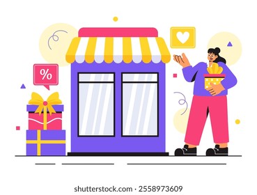 Gifts Store Vector Illustration featuring Wrapped Gift Boxes with Ribbons and Confetti, Perfect for Surprising Your Friends in a Flat Style Background
