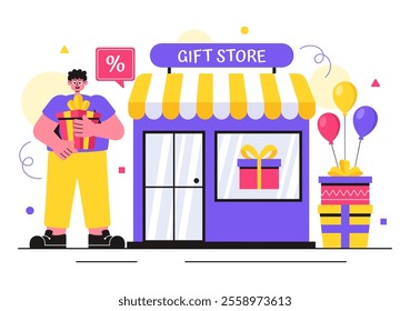 Gifts Store Vector Illustration featuring Wrapped Gift Boxes with Ribbons and Confetti, Perfect for Surprising Your Friends in a Flat Style Background