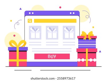 Gifts Store Vector Illustration featuring Wrapped Gift Boxes with Ribbons and Confetti, Perfect for Surprising Your Friends in a Flat Style Background