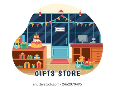 Geschenke Store Vektorillustration der eingewickelten Geschenkbox mit Band und Konfetti, um Ihre Freunde in flachen Cartoon Hintergrund Design zu überraschen