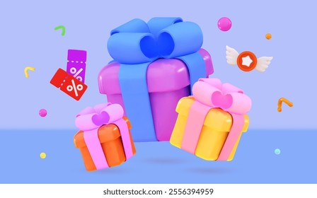 Gifts surrounded by discount coupons Christmas and exclusive benefits concept