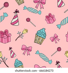 Gifts and sweets isolated on pink, Seamless background
