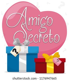 Gifts with tags decorated with question symbols and a sign with heart shape for Secret Friend Game during Day of Love and Friendship (written in Spanish).