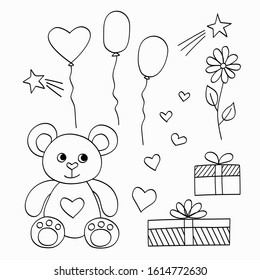 Gifts - teddy bear, balloons, boxes, hearts and a flower. Hand Drawn outline Valentine's Day or Birthday set. Coloring page. Stock vector illustration isolated on white background.