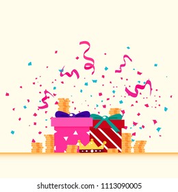Gifts, treasures and king crown award, using for celebration party festival with confetti paper explosion and gold money shine abstract background vector illustration