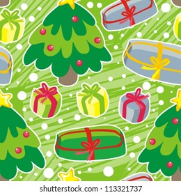 gifts under the christmas tree on green seamless pattern