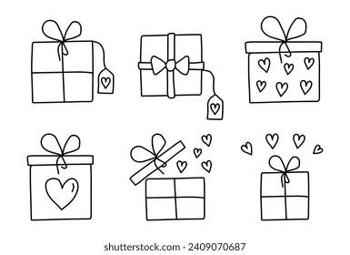 Gifts for Valentine's Day. Hand drawn gift box icons. Vector