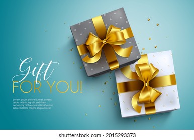Gifts vector banner design. Gift for you text with elegant gold ribbon and confetti celebration elements for birthday, christmas, anniversary event gifts brochure ads design. Vector illustration
