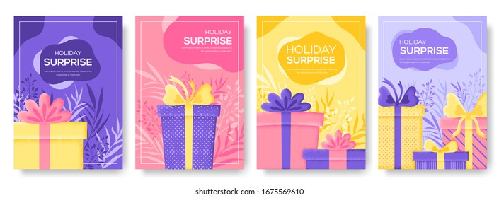 Gifts vector banners set vector. Flyer, magazines, poster, book cover, banners. invitation cards concept background. Grain texture and noise effect