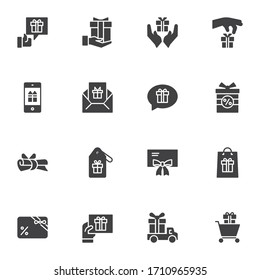 Conjuntos de iconos vectoriales, colección moderna de símbolos sólidos, paquete pictograma estilo relleno. Señales, ilustración del logotipo. Set incluye iconos como caja de regalo, presente, tarjeta de invitación, etiqueta de precio, tarjeta de descuento