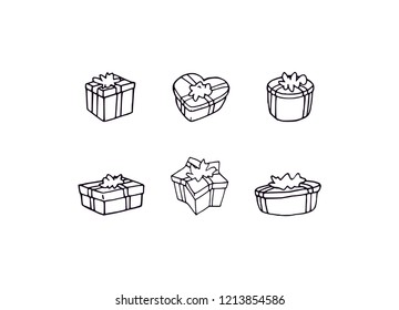 Gifts vector illustration black outline set collection. Different simple shapes, holiday romantic cute gifts. Gift for every heart. Lovely present greetings to celebrate holidays. Silhouette design.