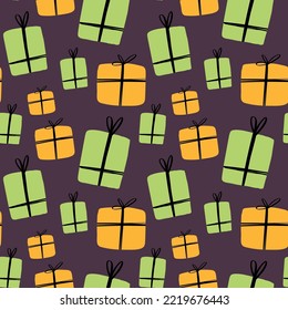 Gifts vector illustration seamless pattern. Birthday or holiday decor elements for postcard, print, sticker and other design.