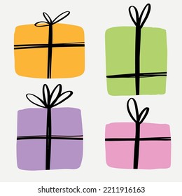 Gifts vector illustration. A set of festive icons. Birthday or holiday decor elements for postcard, print, sticker and other design.
