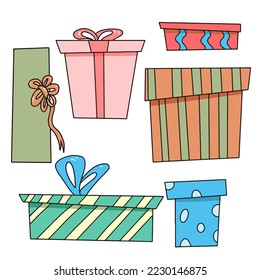 Juego de ilustraciones vectoriales de regalo. Clipart festivo con cajas de vacaciones.
