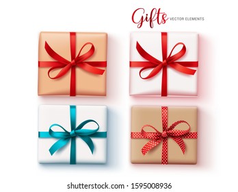 Gifts vector object set. Gift element for christmas, birthday and anniversary celebration in top view isolated in white background. Vector illustration.