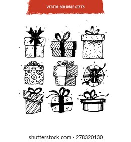 Gifts vector scribble doodle linear illustration icons set 