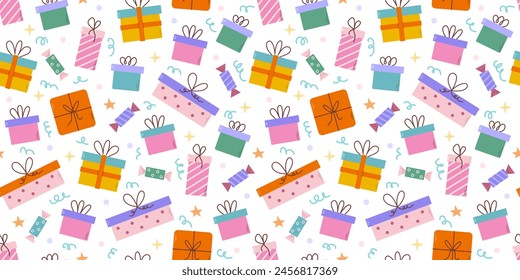 Gifts vector seamless pattern. Colorful present boxes, candies, decorative wrapping paper, birthday party background