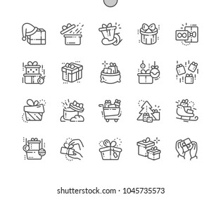 Regalos Píxel Perfect Vector Thin Line Icons 30 2x Grid para Web Graphics y Aplicaciones. Pictograma mínimo simple