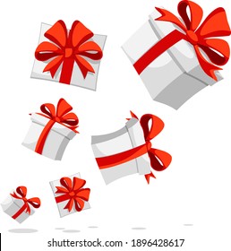 Gifts in a white box with a red bow are flying on a white background. Levitating gifts