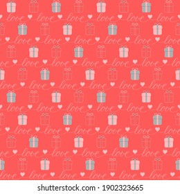 gifts, word love and heart shape continuously repeated. vector seamless pattern. valentines repetitive background. fabric swatch. wrapping paper. continuous print. wedding card design element