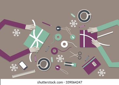 Gifts wrapping concept, Christmas flat modern illustration from above