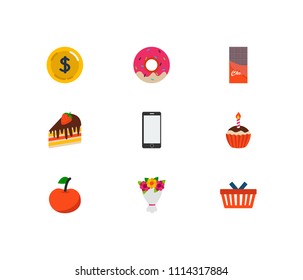 Gift-shop icons set. Bouquet and gift-shop icons with money, cherry and dessert. Set of natural for web app logo UI design.