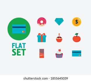 Gift-shop icons set. Chocolate and gift-shop icons with money, cherry and present. Set of pay for web app logo UI design.