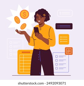 Concepto de gran economía. Freelancer y trabajador remoto. Trabajador o empleado Independiente. Trabajo a tiempo parcial para organizar un proceso de trabajo efectivo. Ilustración vectorial plana aislada sobre fondo violeta