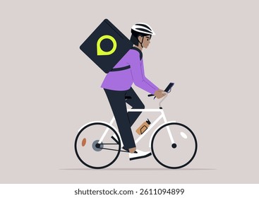 Gig economy, A delivery service cyclist navigates urban streets, balancing a large backpack and checking their phone for directions, bringing convenience to city dwellers during lunch