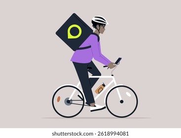 Gig economia, Um serviço de entrega ciclista navega pelas ruas urbanas, equilibrando uma grande mochila e verificando seu telefone para direções, trazendo conveniência para os moradores da cidade durante o almoço