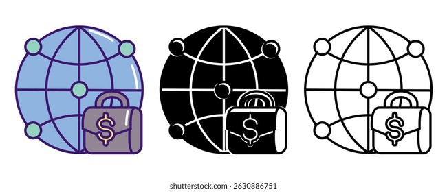 Gig Economy icon represented by Globe, work bag, dollar Line, Filled, Color style.