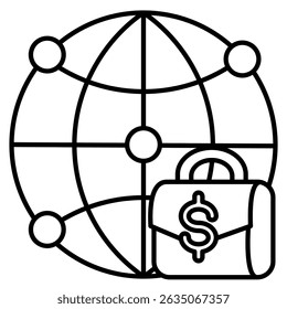 Ícone Gig Economy representado por Globo, saco de trabalho, estilo de linha de dólar.