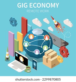 Gig economy isometric composition with editable text cloud and gear icons bar chart elements and laptop vector illustration