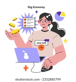 Gig economy. Labor market based on independent contractor, online platform, temporary worker. Modern business work system. Flat vector illustration