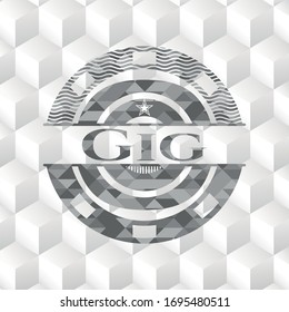 Gig realistic grey emblem with cube white background