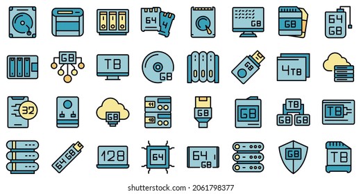 Los iconos de gigabyte establecen el vector de contorno. Grandes datos. Terabyte de comunicación