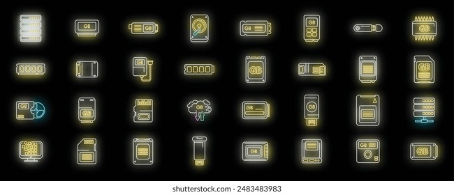 Los iconos de gigabytes definen el Vector de contorno. Big data. Color de neón de disco cibernético en negro