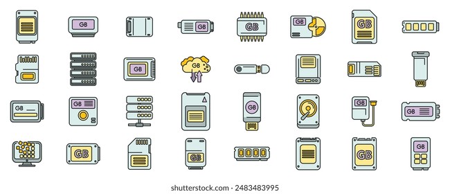 Gigabyte icons set outline vector. Big data. Cyber disk thin line color flat on white
