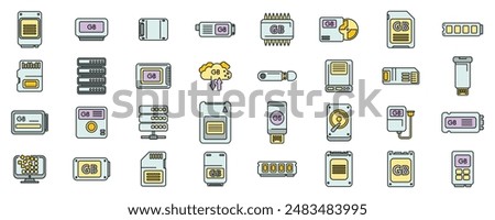Gigabyte icons set outline vector. Big data. Cyber disk thin line color flat on white
